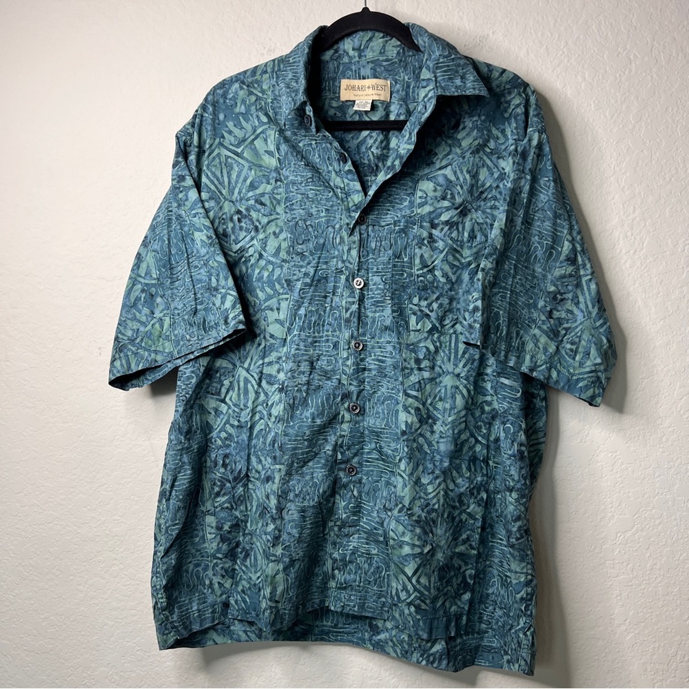 Johari West Batik Hawaiian Shirt “Geometric Forest” XL Blue/Teal Cotton